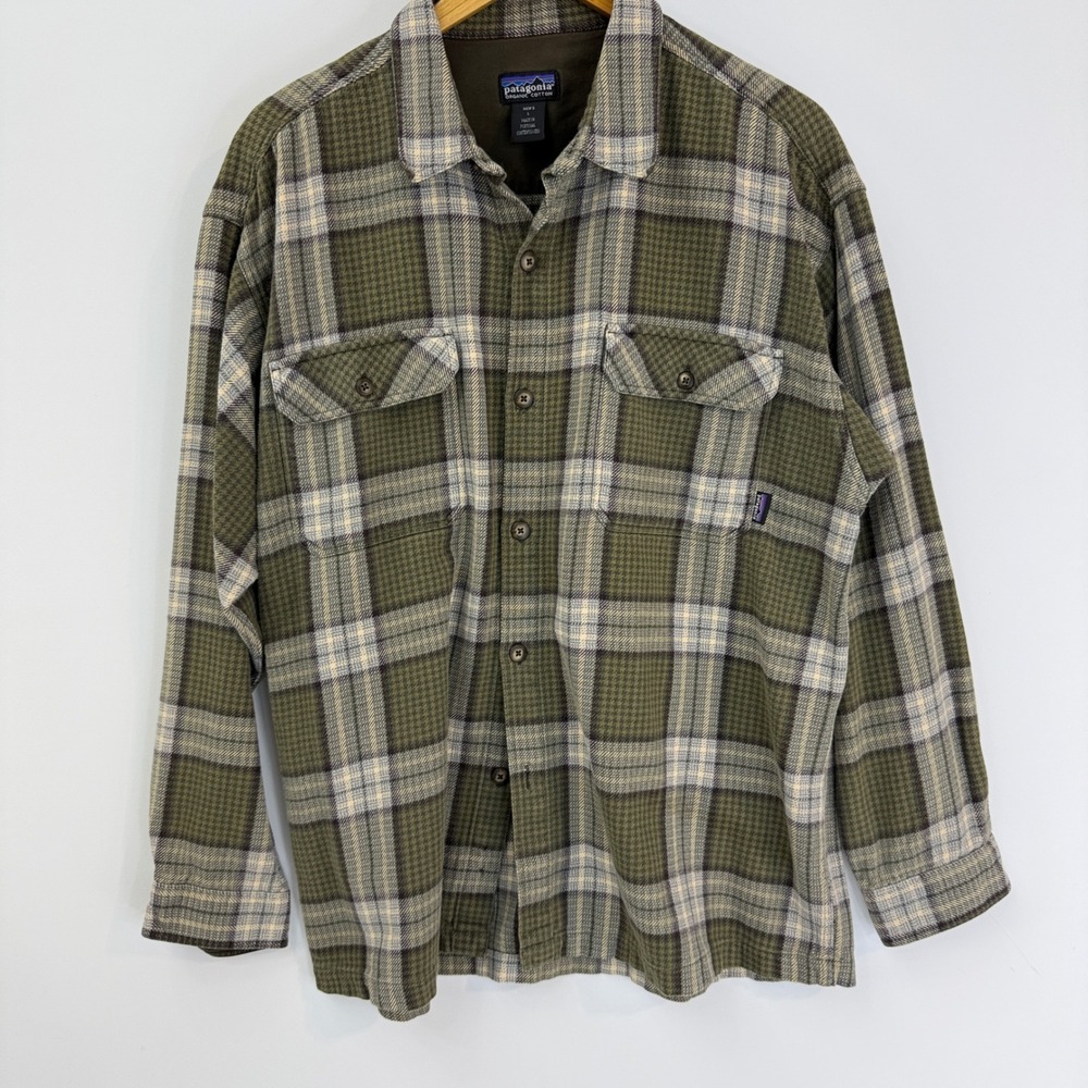 Vintage Patagonia Heavyweight Flannel Shirt Mens L Green Plaid Organic
